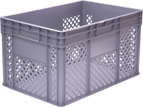 Ящик п/э 600х400х340 дно гладкое.,стенки перфо., 4 закрытые ручки, серый  934.01.02.02