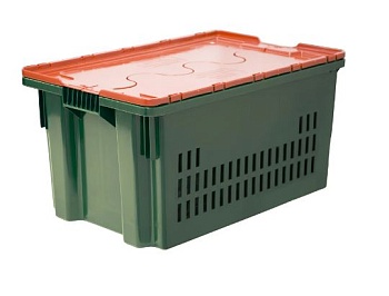 Ящик п/э 600х400х300 дно сплош., стенки перф., зеленый с оранж крышкой, 602-1